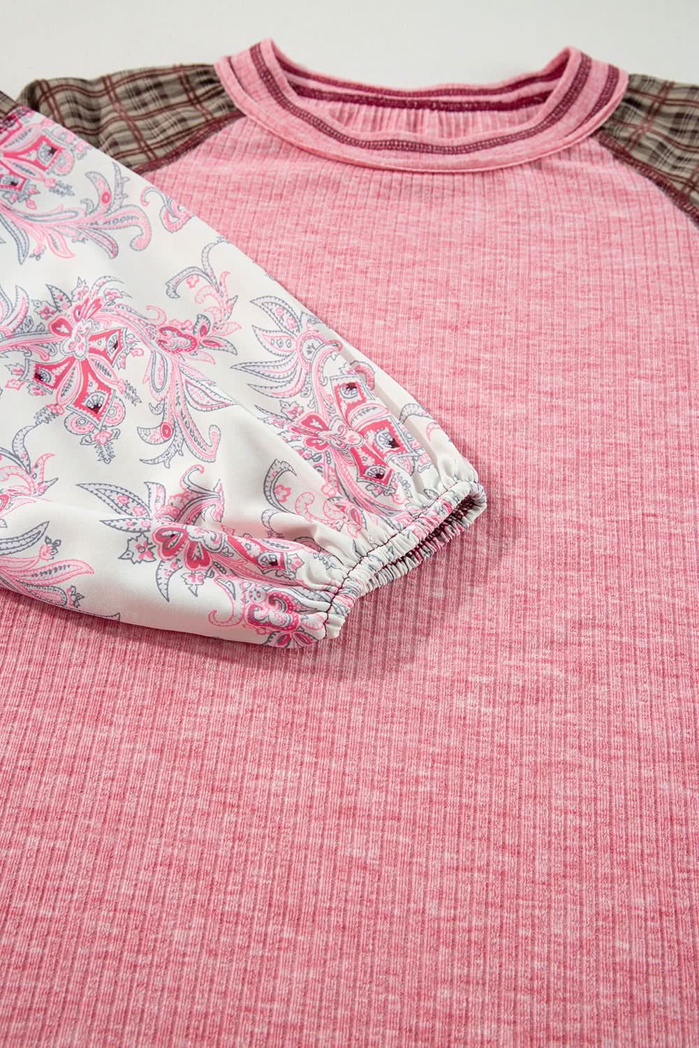 Fushia Mixed Print Patchwork Raglan Ribbed Knit Top - Love Salve